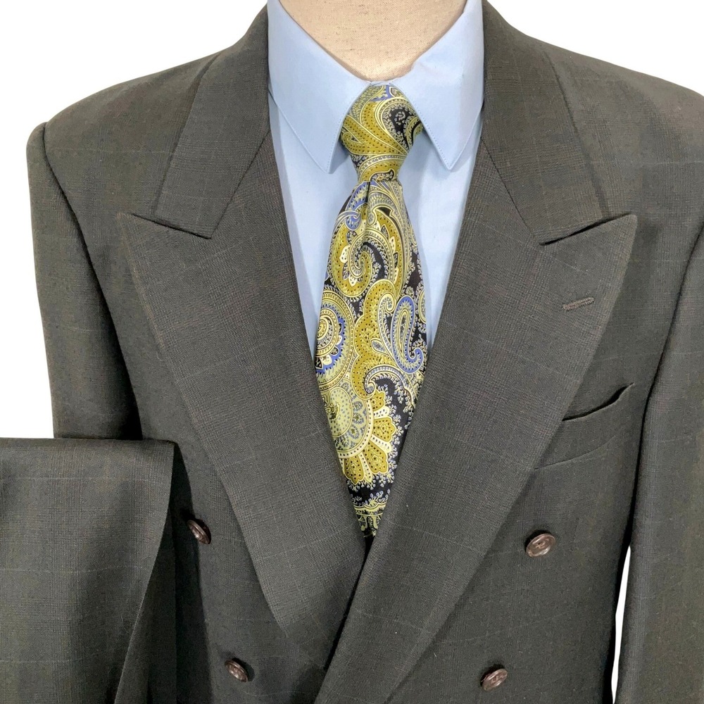 Evan-Picone Suit Mens 44R 31W 30L Green Gray Glen Plaid Double Breasted Formal